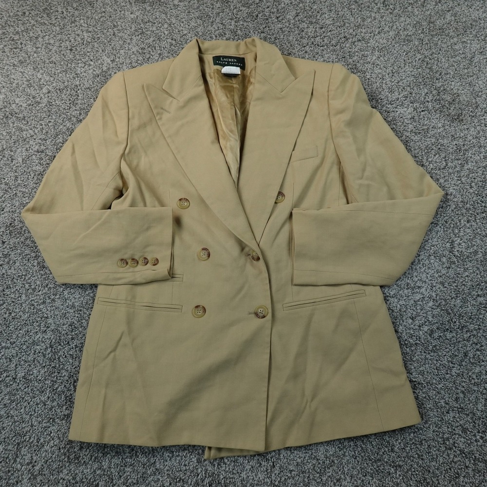 VTG Ralph Lauren Blazer Womens 12 Beige Wool Double Breasted Coat Jacket Top USA